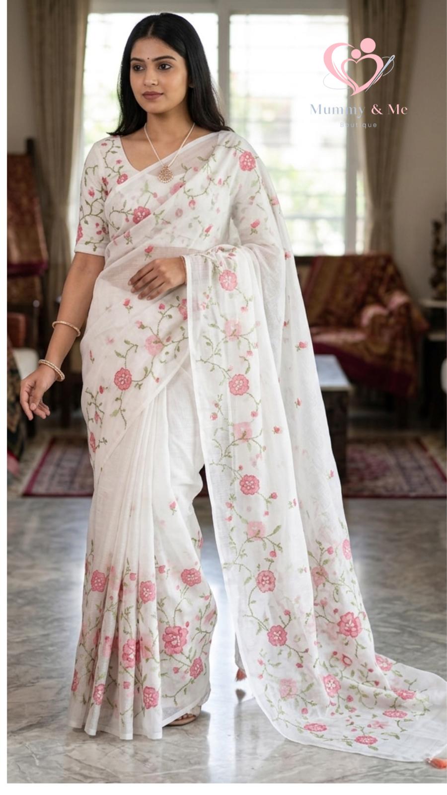 SUPER NET SAREE WITH CROSS STITCHED EMBROIDERE - Image 4