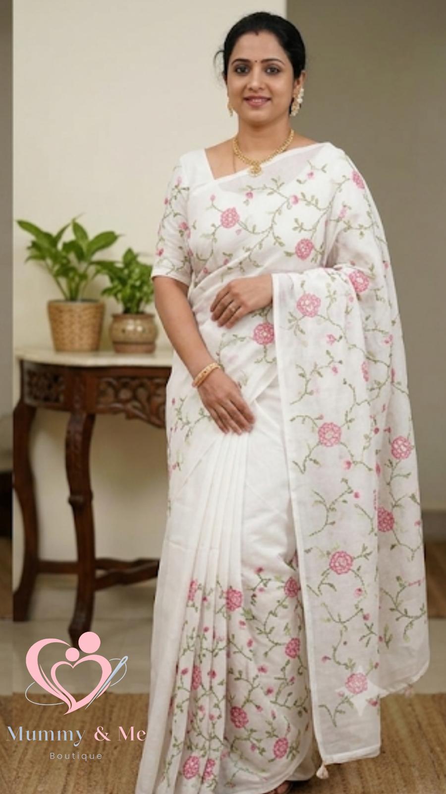 SUPER NET SAREE WITH CROSS STITCHED EMBROIDERE