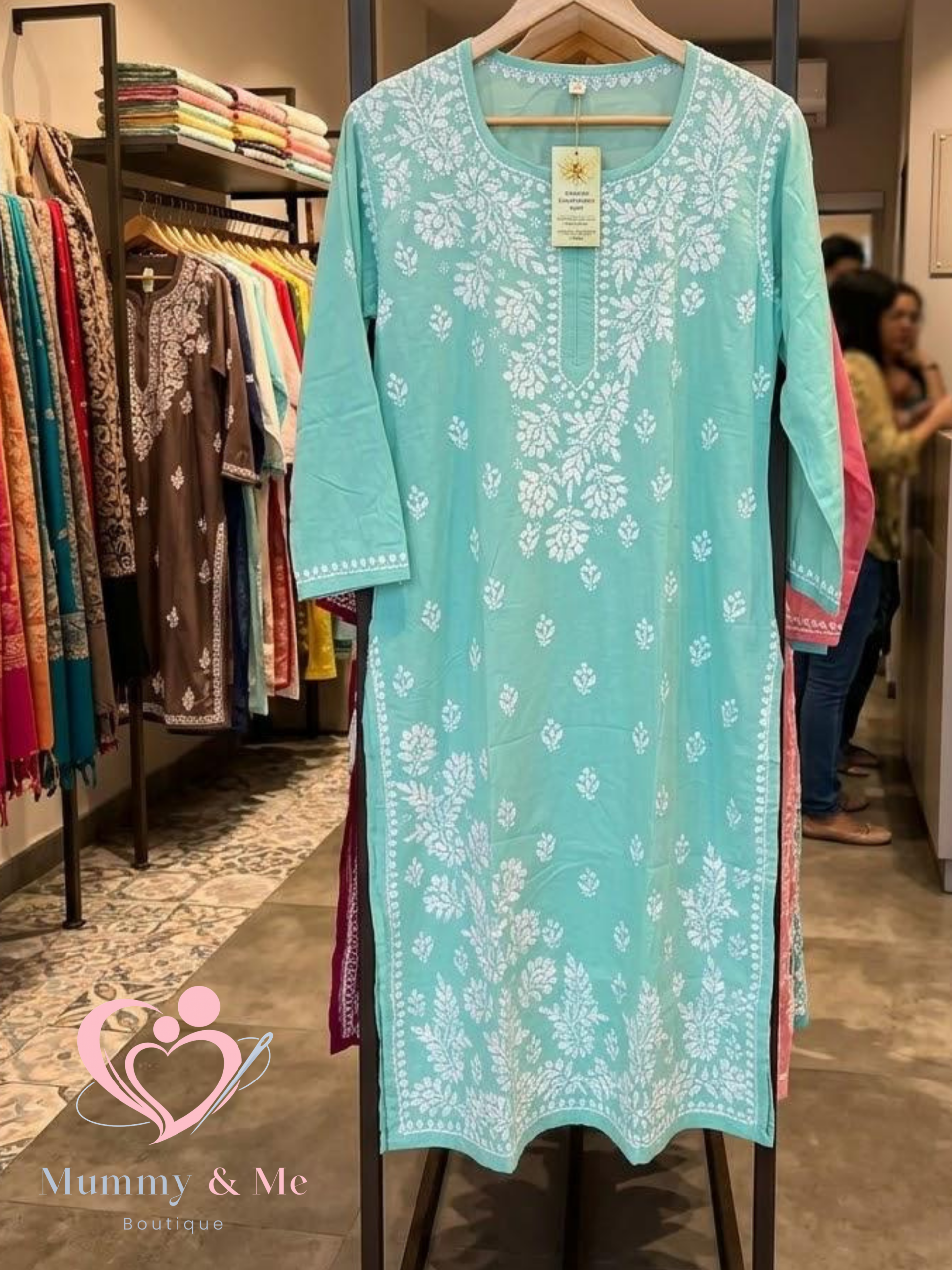 LUCKNOWI CHIKANKARI SEA GREEN MUSLIN KURTIS TOP - Image 2