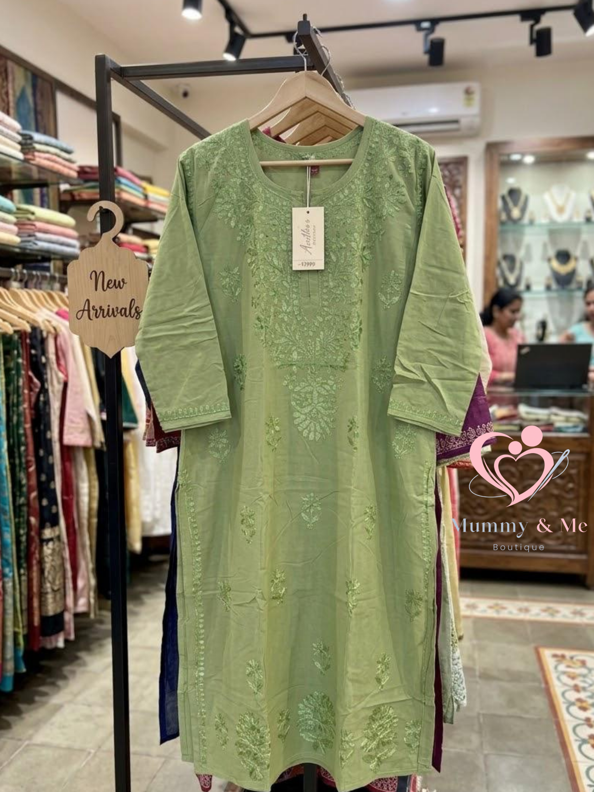 LUCKNOWI CHIKANKARI SAGE GREEN MUSLIN KURTIS TOP