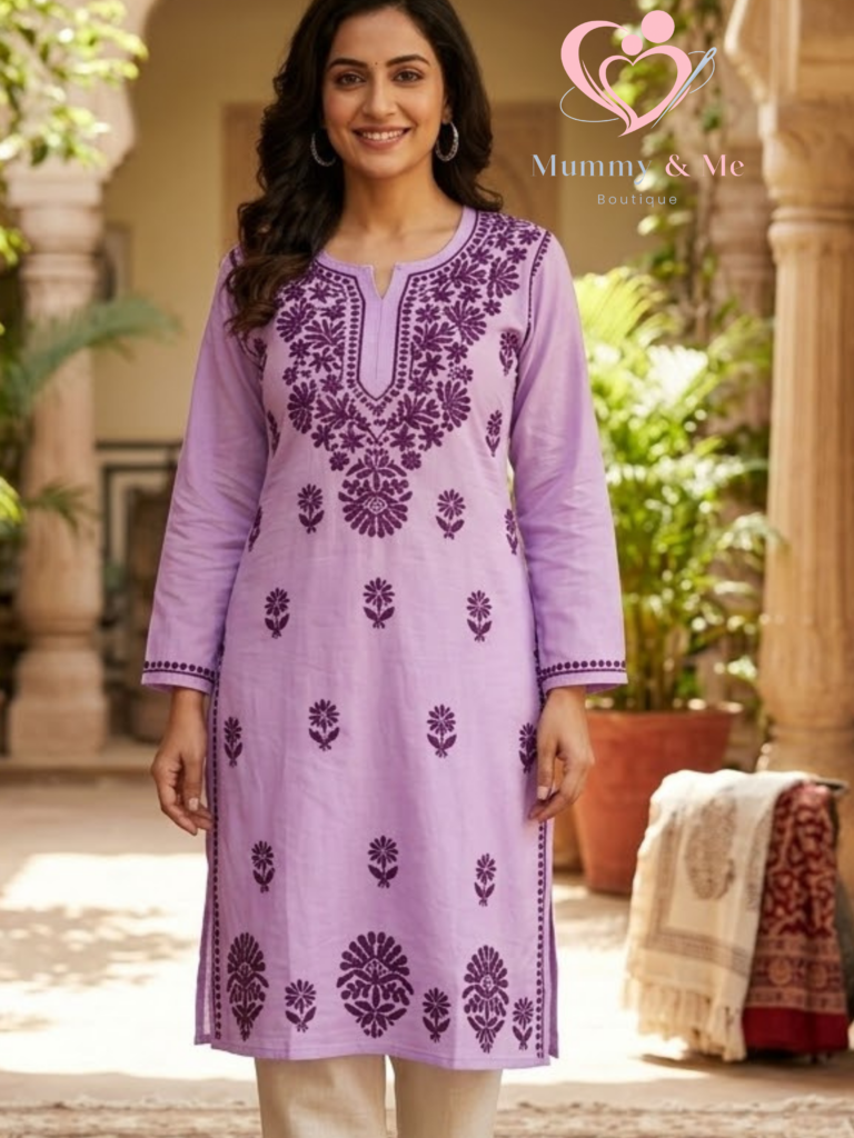 LUCKNOWI CHIKANKARI LILAC COTTON KURTIS TOP