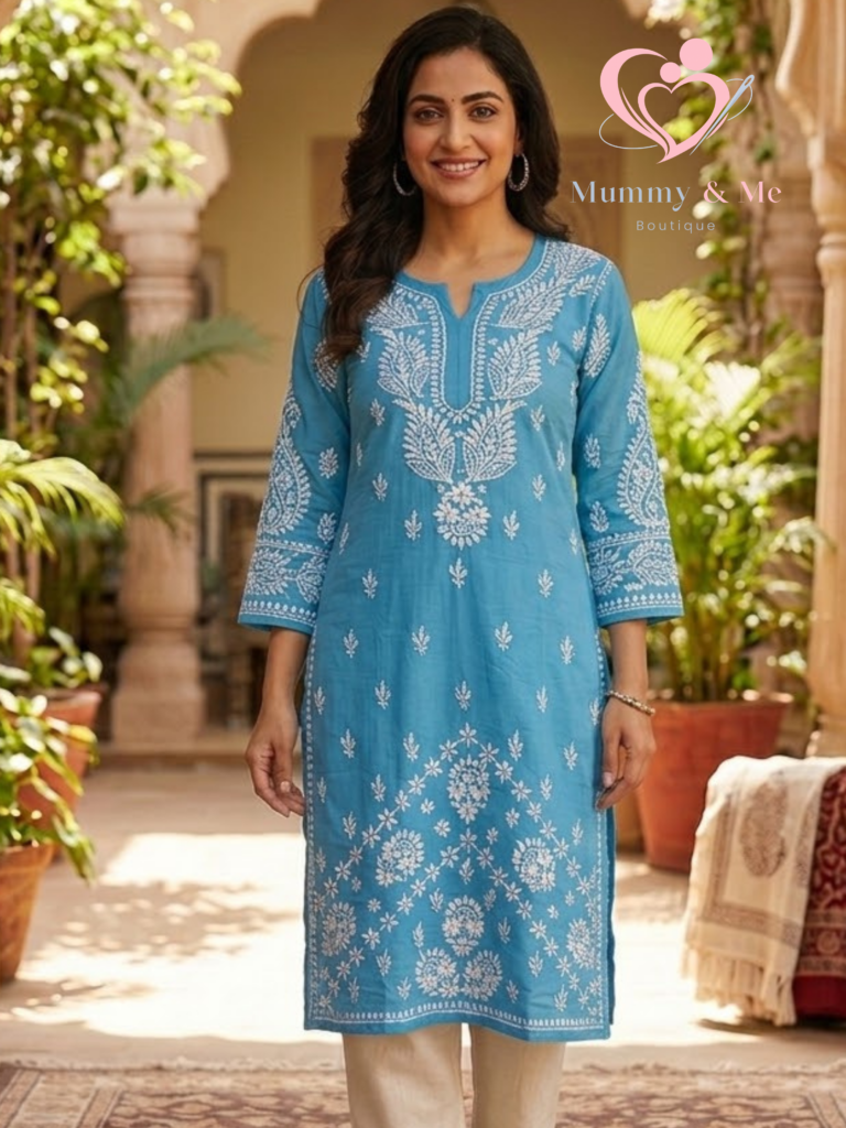 LUCKNOWI CHIKANKARI SKY BLUE MODAL  KURTIS TOP