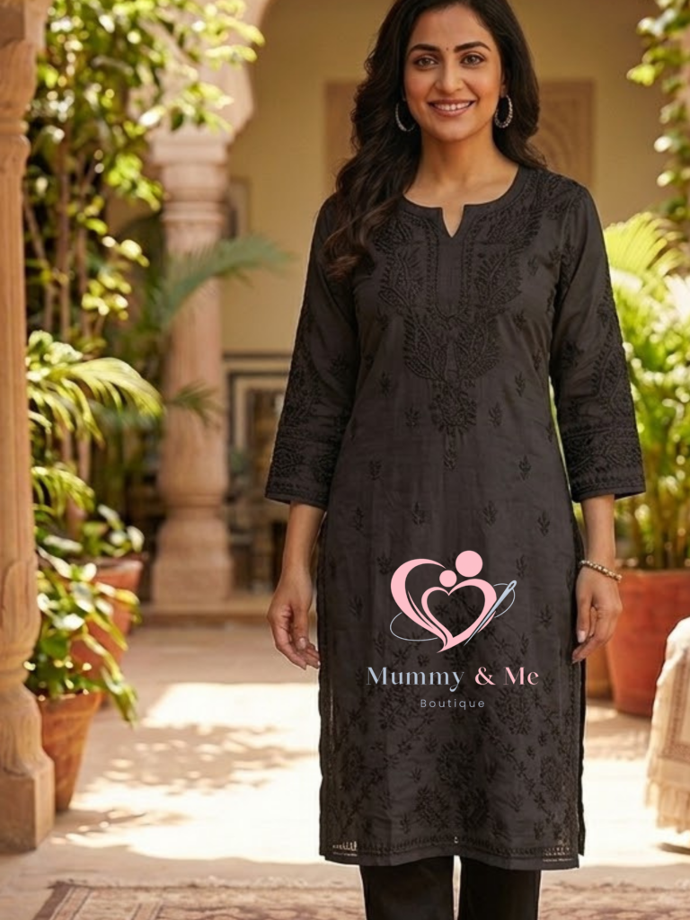 LUCKNOWI CHIKANKARI BLACK COLOUR KURTIS TOP