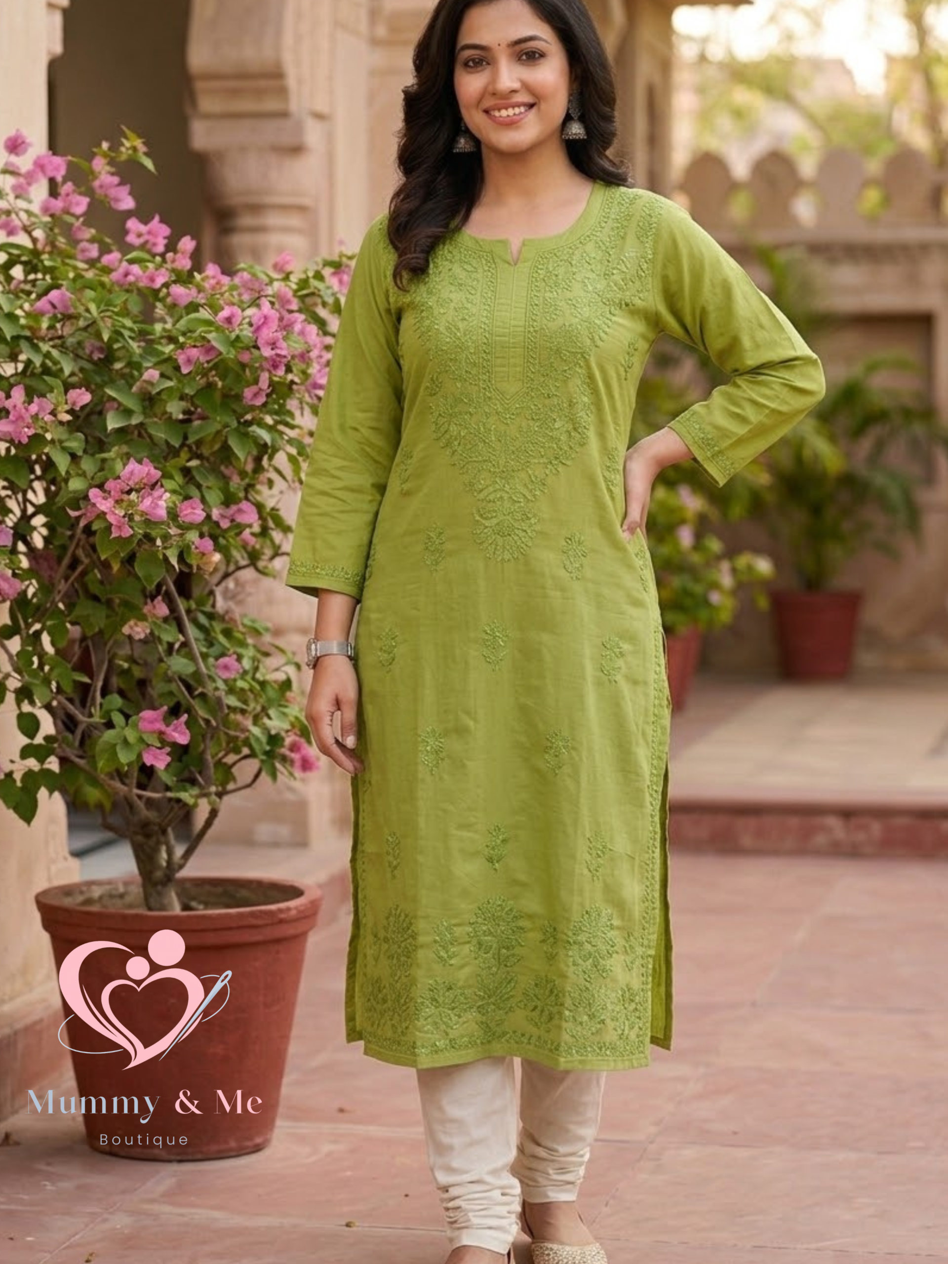 LUCKNOWI CHIKANKARI SAGE GREEN MUSLIN KURTIS TOP - Image 2