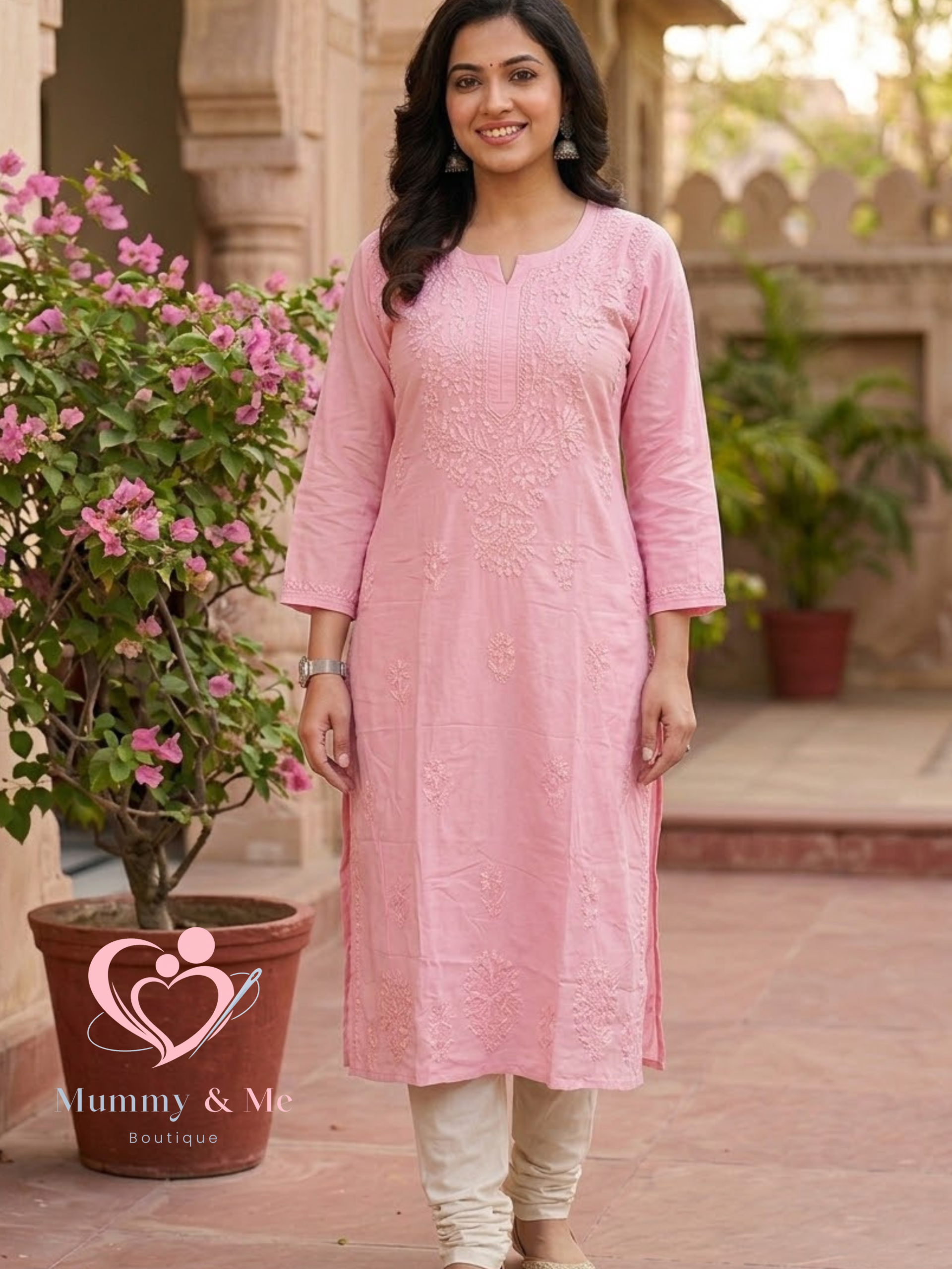 LUCKNOWI CHIKANKARI PINK MUSLIN KURTIS TOP - Image 2