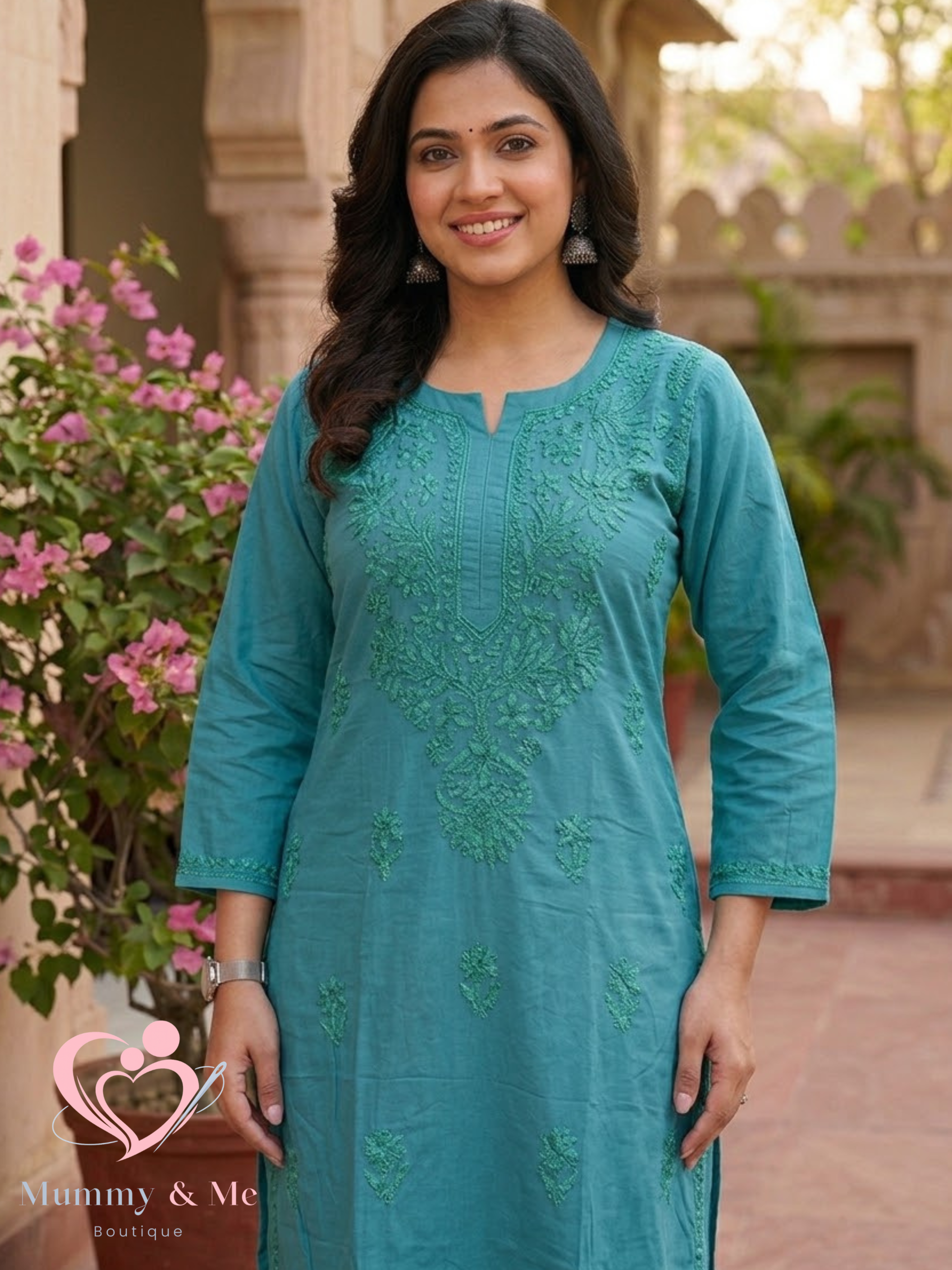 LUCKNOWI CHIKANKARI TEAL MUSLIN KURTIS TOP - Image 2