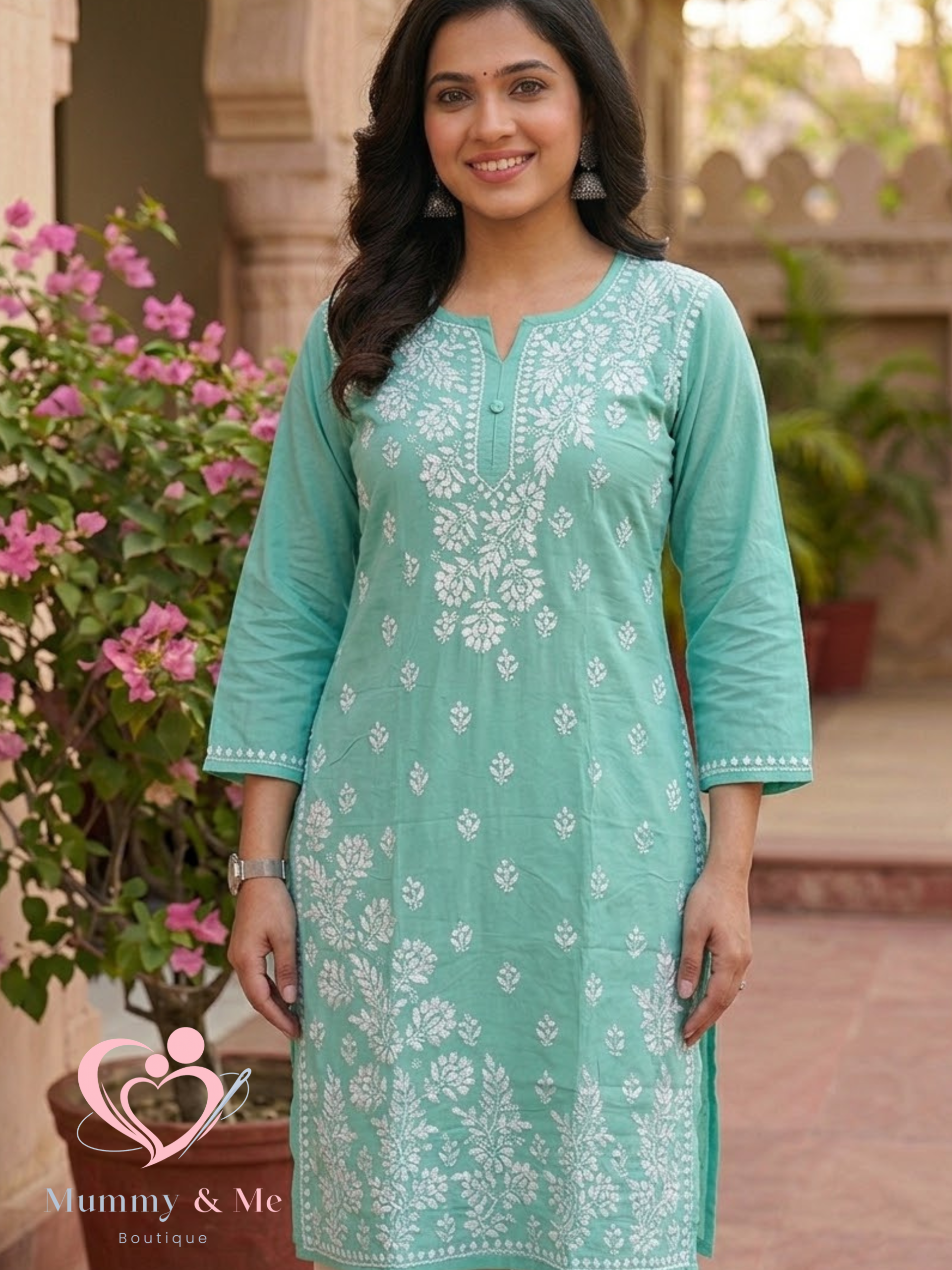LUCKNOWI CHIKANKARI SEA GREEN MUSLIN KURTIS TOP