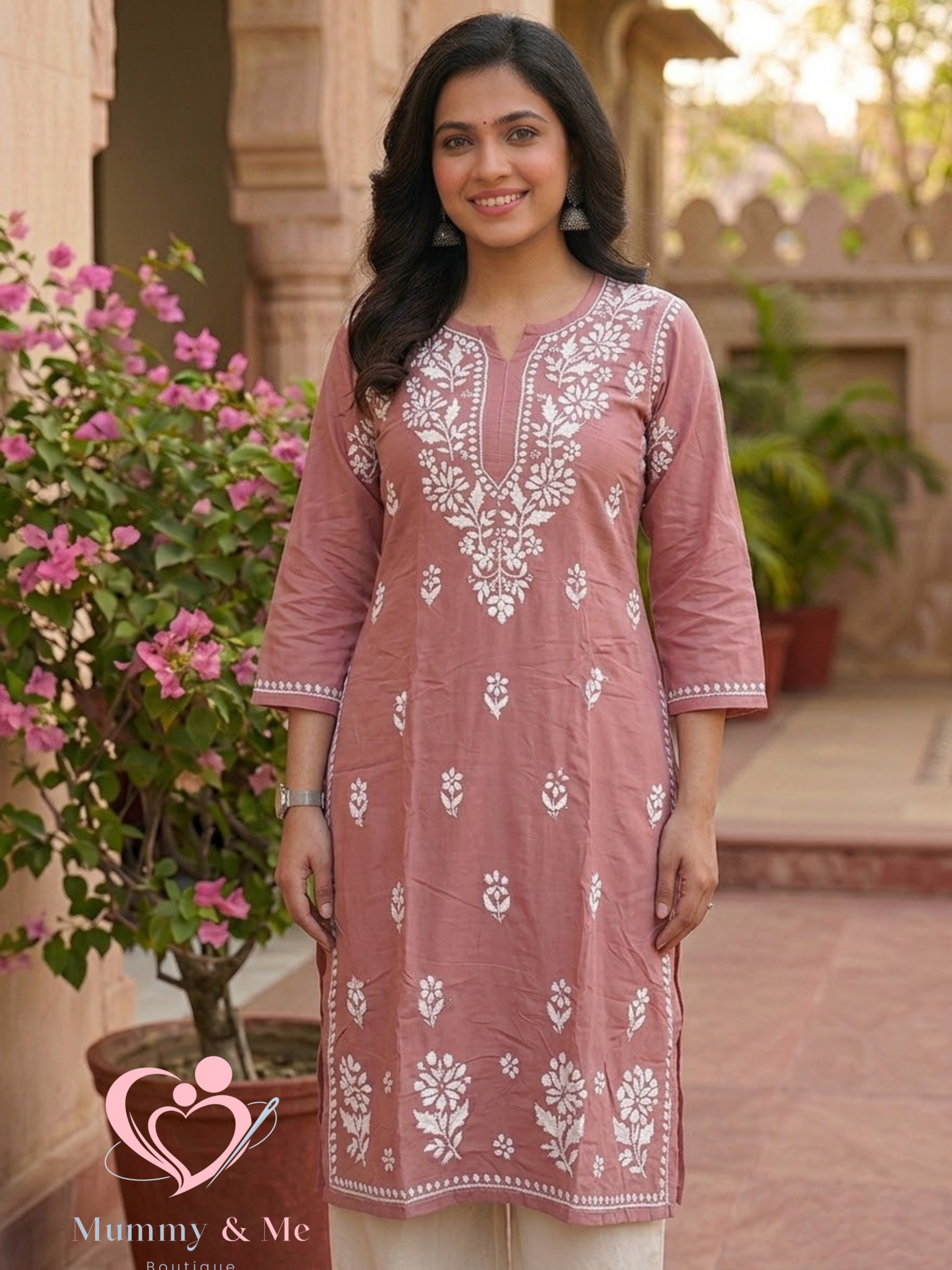 LUCKNOWI CHIKANKARI MAUVE-PINK MODAL KURTIS TOP