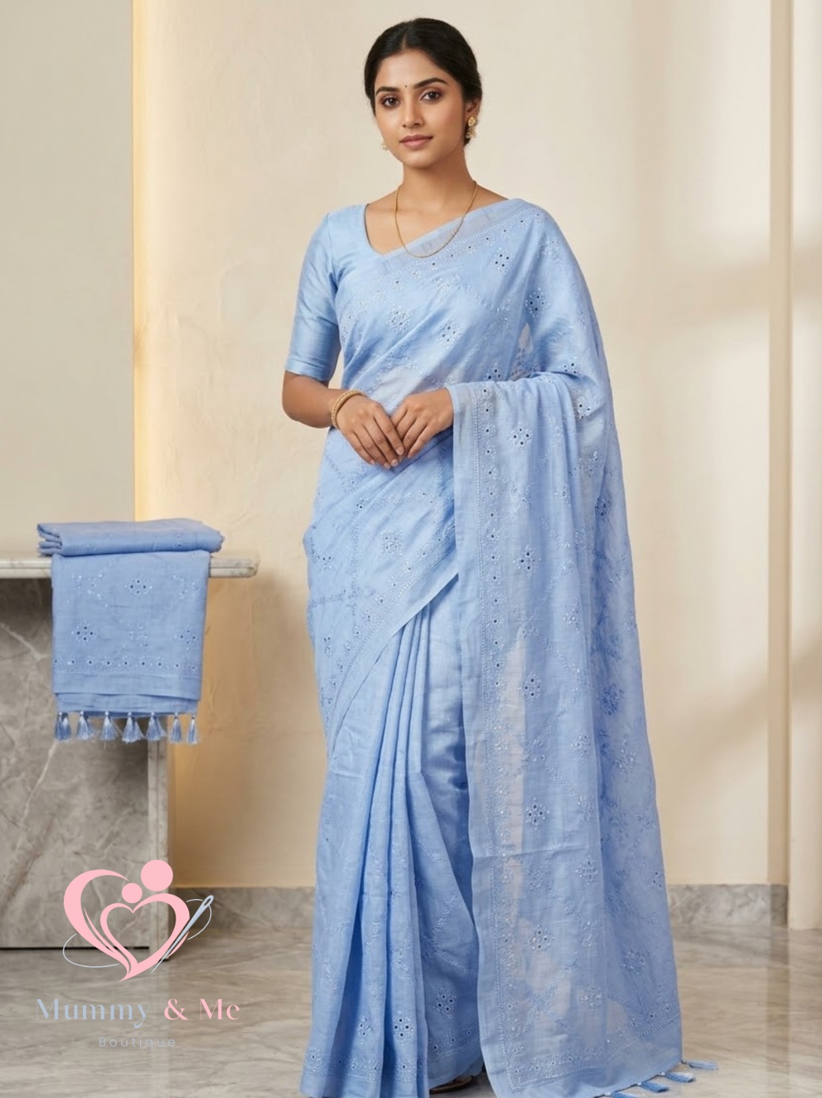Crinkled Tissue Organza Icy Blue Saree