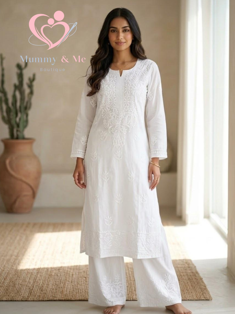 LUCKNOWI CHIKANKARI WHITE KURTIS TOP