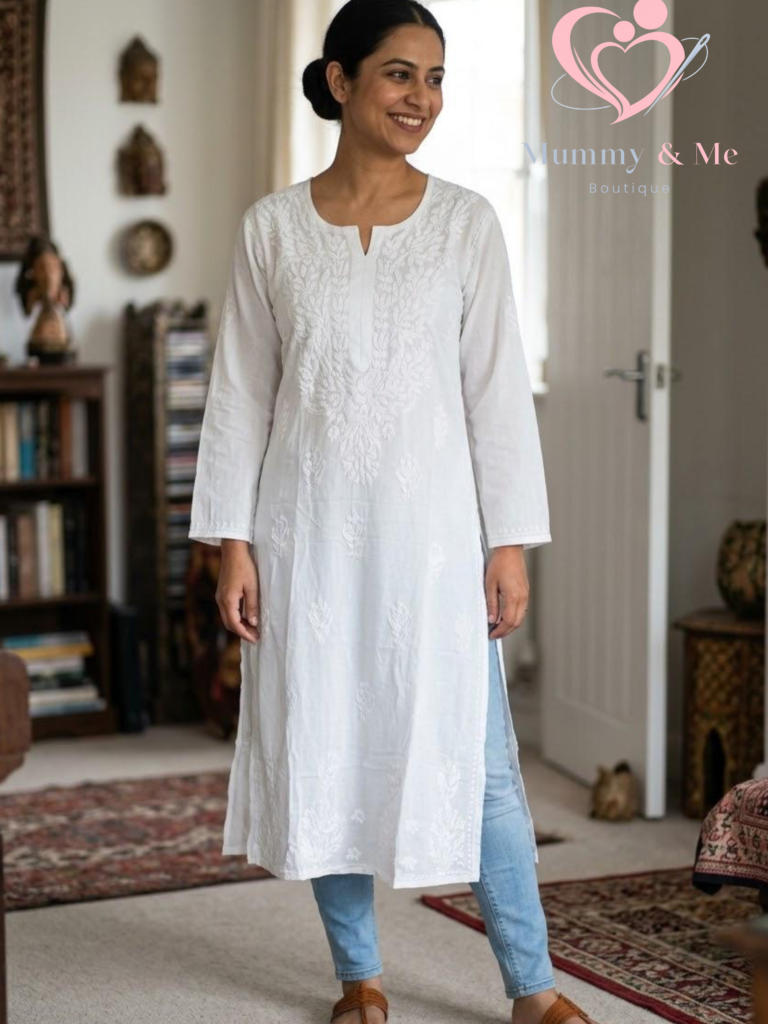 LUCKNOWI CHIKANKARI WHITE COLOUR KURTIS TOP