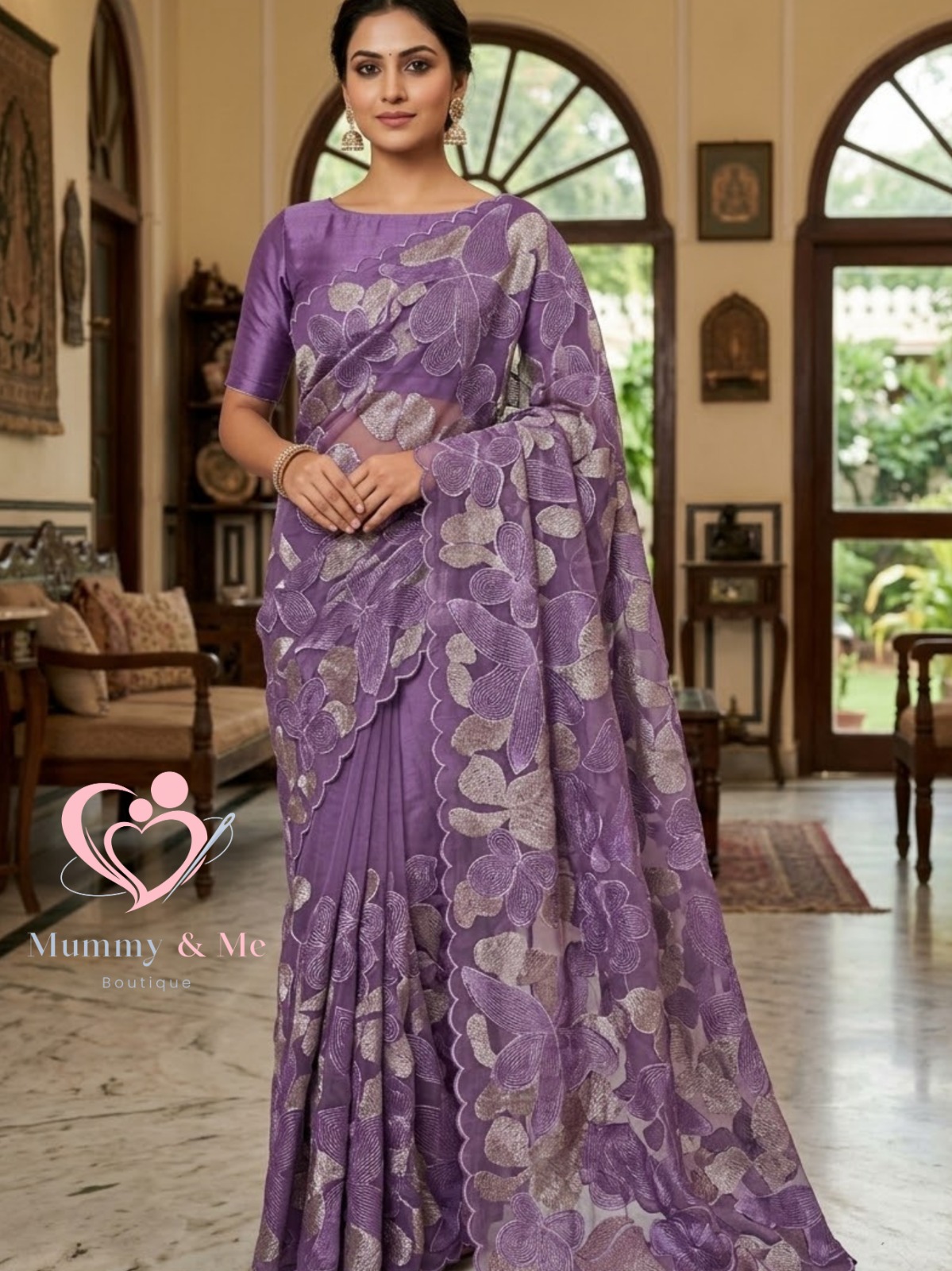 Turkish Floral Embroidered Organza Lavender Saree