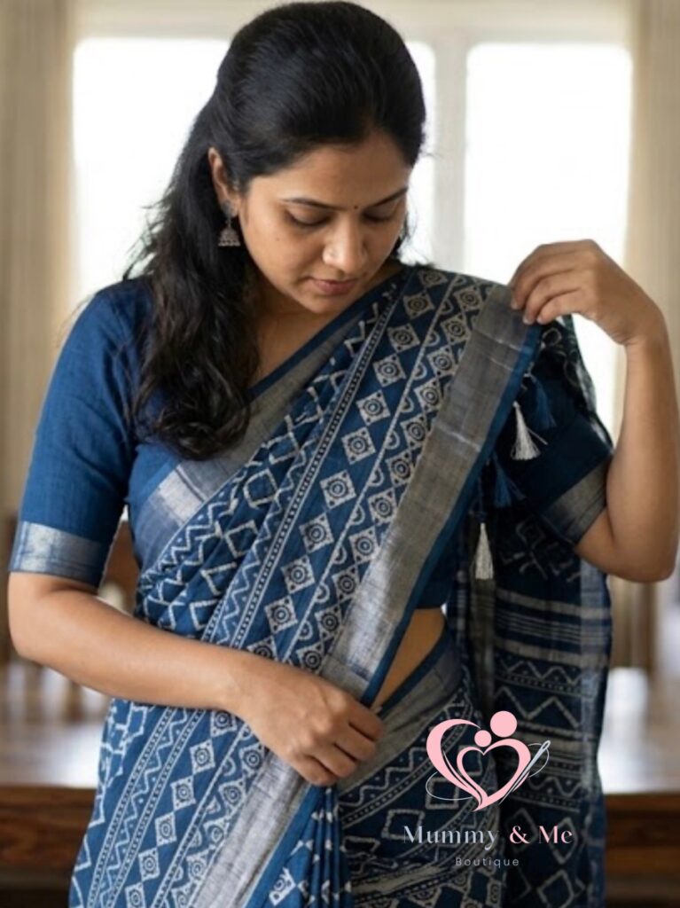 INDIGO CHANDERI BLOCK PRINT LINEN SAREE